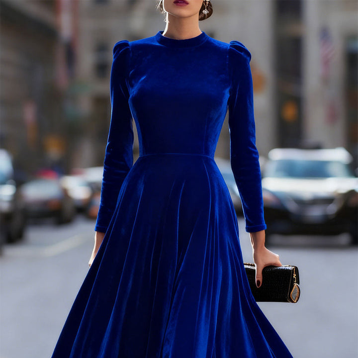 Damen Midikleid | Elegantes Langarmkleid mit tailliertem Oberteil, fließendem Rock und Schulterdetails für festliche Anlässe