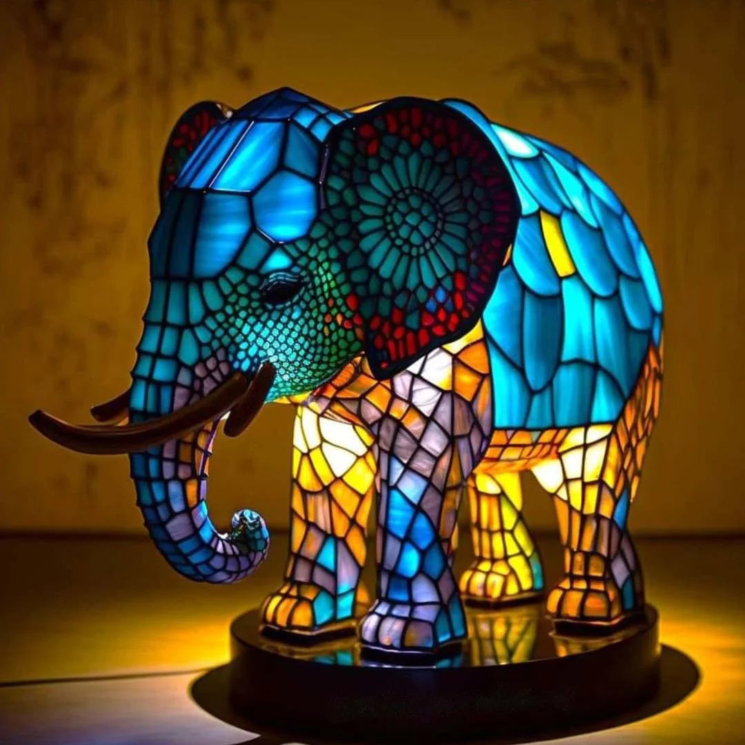Tischlampe aus Buntglas mit Tiermotiv | Handgefertigt aus Glas &amp; Metall | Farbwechsel-LED, kompakt 20 × 15 × 12 cm