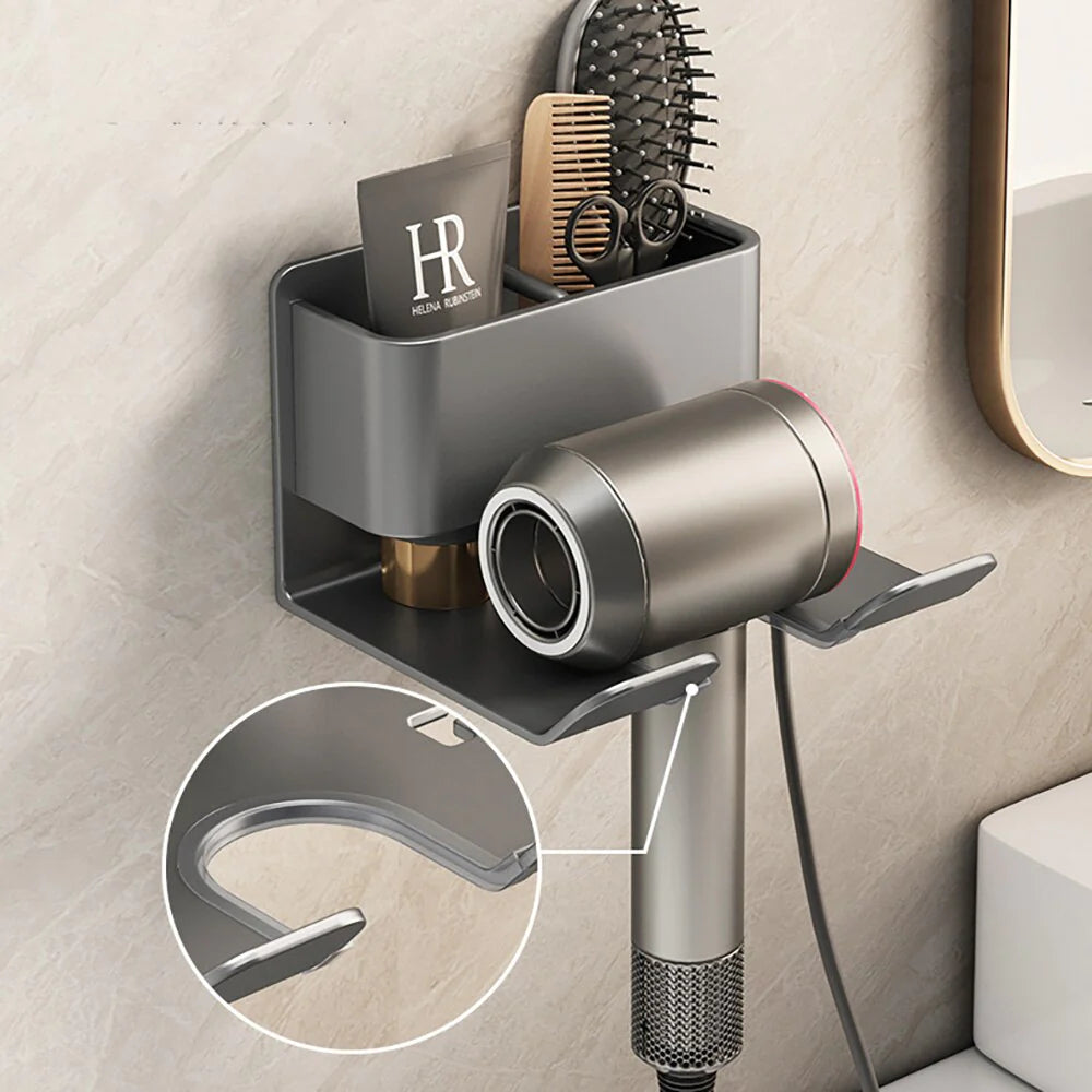 Organizer per cura capelli da parete per bagno | supporto phon e porta spazzole | alluminio e plastica | salvaspazio