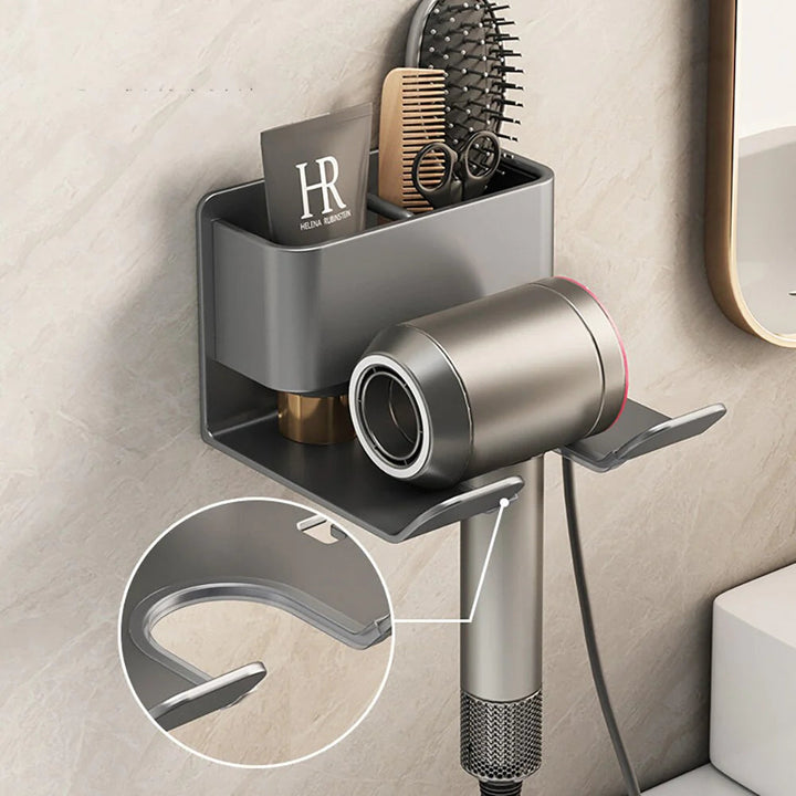 Organizer per cura capelli da parete per bagno | supporto phon e porta spazzole | alluminio e plastica | salvaspazio