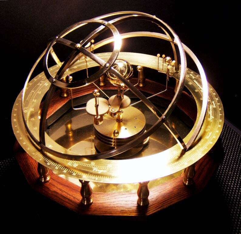 Mechanical Solar System Model made of Brass &amp; Semi-Precious Stones | 9 Planets + 28 Moons | Oak Wood Base, Movable Orbits