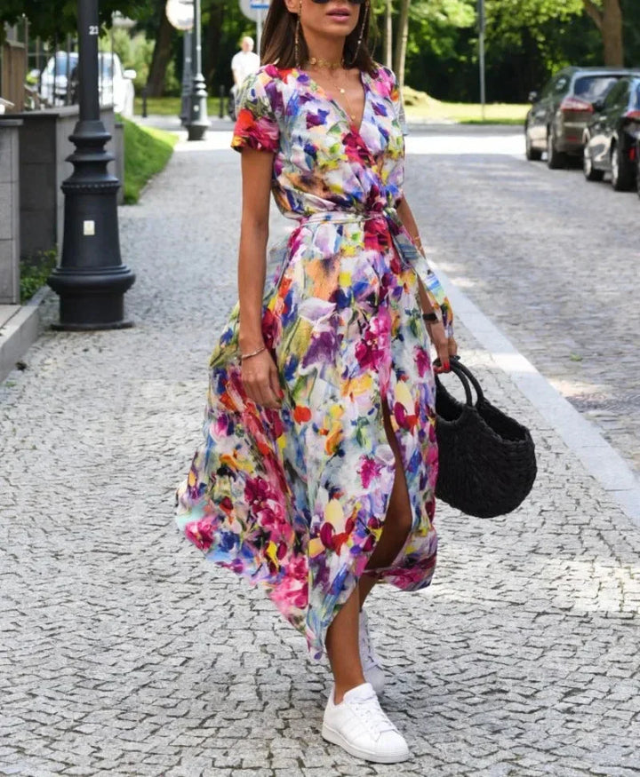 Damen Wickelkleid mit Blumenmuster | Luftiges Sommerkleid mit V-Ausschnitt | Verstellbare Taille &amp; Fließende Passform