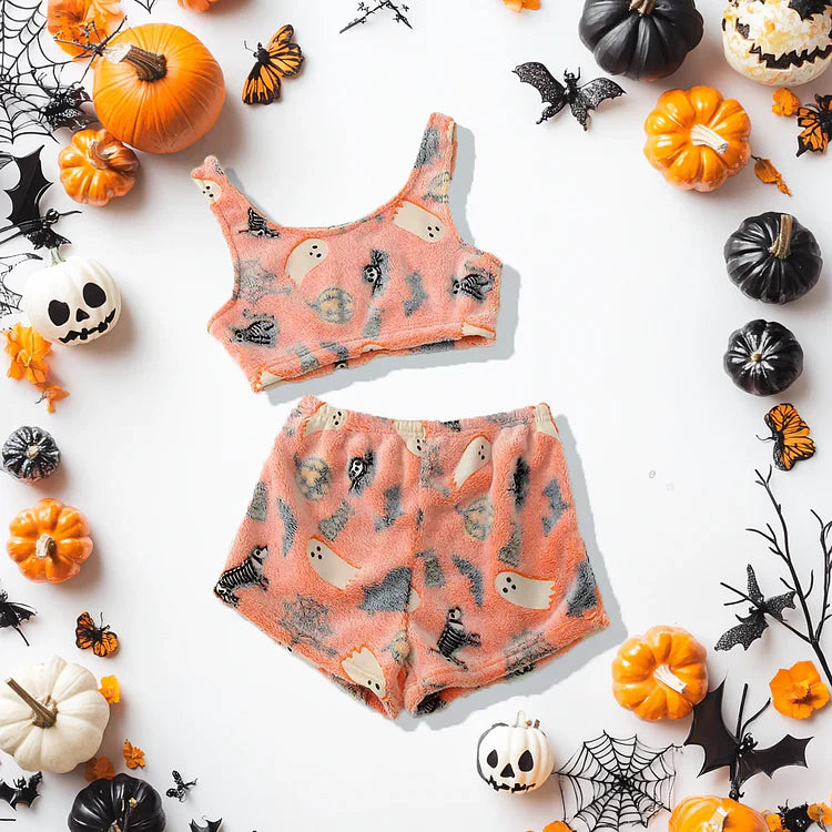 Damen Pyjama-Set Halloween mit Geister-Print | Langarm Oberteil + Hose | Warm, weich &amp; gemütlich für Herbstabende