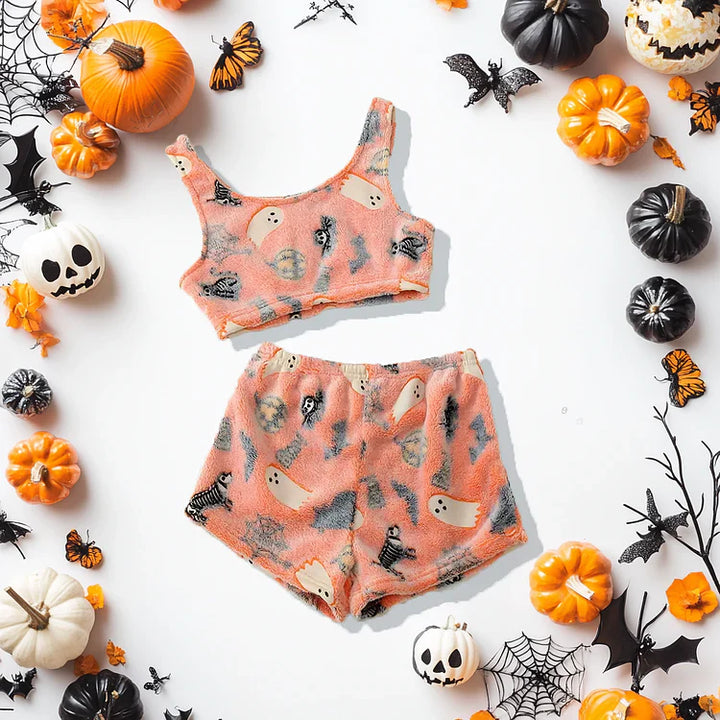 Damen Pyjama-Set Halloween mit Geister-Print | Langarm Oberteil + Hose | Warm, weich &amp; gemütlich für Herbstabende