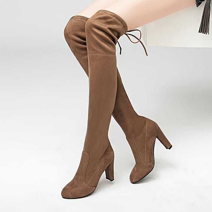 Damen Overknee Stiefel mit Blockabsatz und Rückenschnürung | Hohe Stiefel über dem Knie mit runder Spitze für Alltag und Freizeit