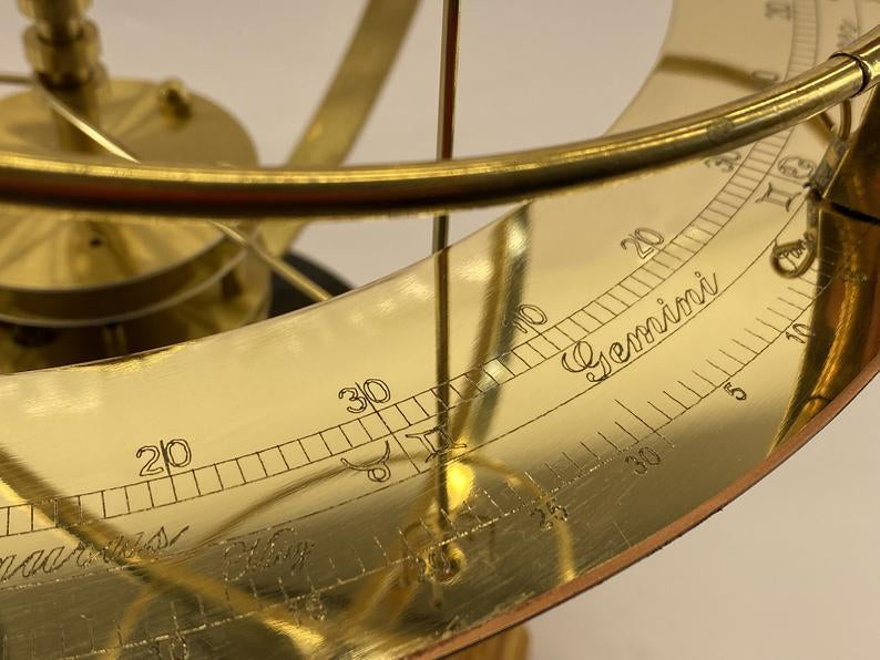 Mechanical Solar System Model made of Brass &amp; Semi-Precious Stones | 9 Planets + 28 Moons | Oak Wood Base, Movable Orbits