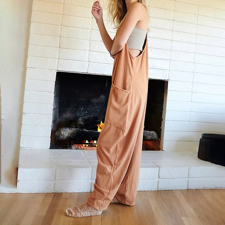 Damen Jumpsuit ärmellos aus Baumwollmix | U-Ausschnitt &amp; rückenfrei | Weites Bein, Taschen, Pull-On | Bequem &amp; luftig