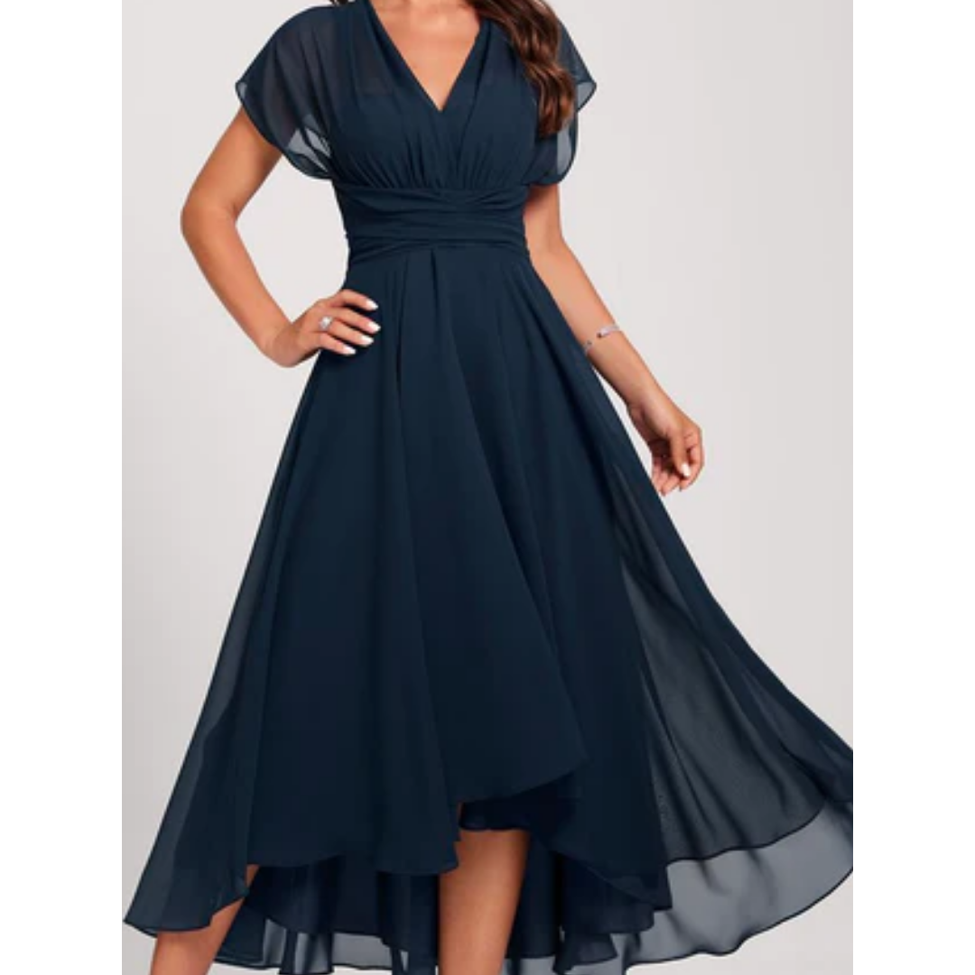 Damen Midi-Kleid mit V-Ausschnitt | Elegantes A-Linien-Kleid für Hochzeit, Business und Abend