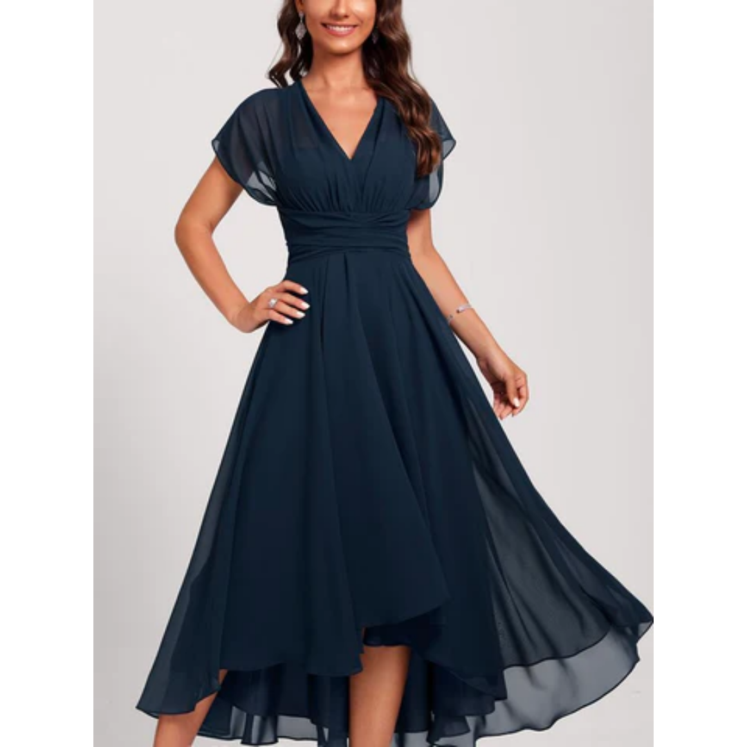 Damen Midi-Kleid mit V-Ausschnitt | Elegantes A-Linien-Kleid für Hochzeit, Business und Abend