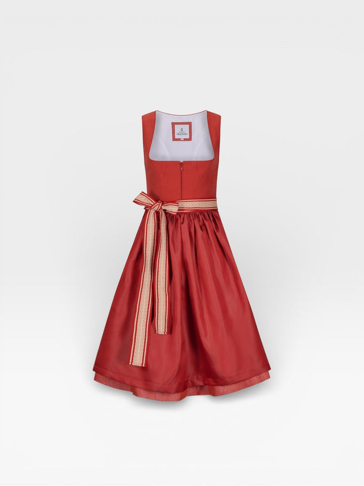 Dirndl Midi Damen | Elegantes Dirndl mit 70 cm Rocklänge, schimmernder Schürze und gewebtem Schürzenband