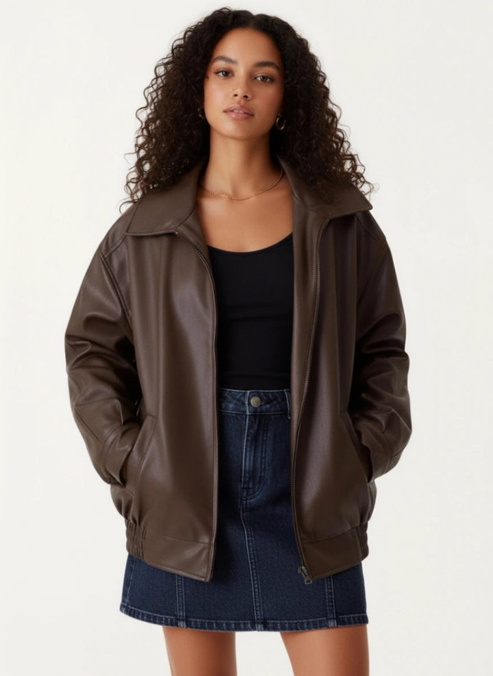 Damen Oversize Lederjacke im Vintage-Stil | Lässige Jacke mit überschnittenen Schultern und weicher Innenseite für Alltag