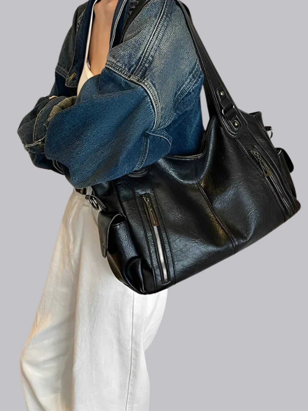 Damen Schultertasche | Große Umhängetasche aus veganem Kunstleder mit Reißverschluss und Laptopfach