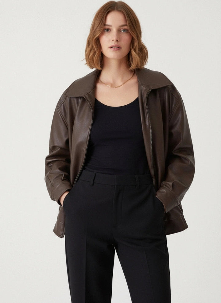 Damen Oversize Lederjacke im Vintage-Stil | Lässige Jacke mit überschnittenen Schultern und weicher Innenseite für Alltag