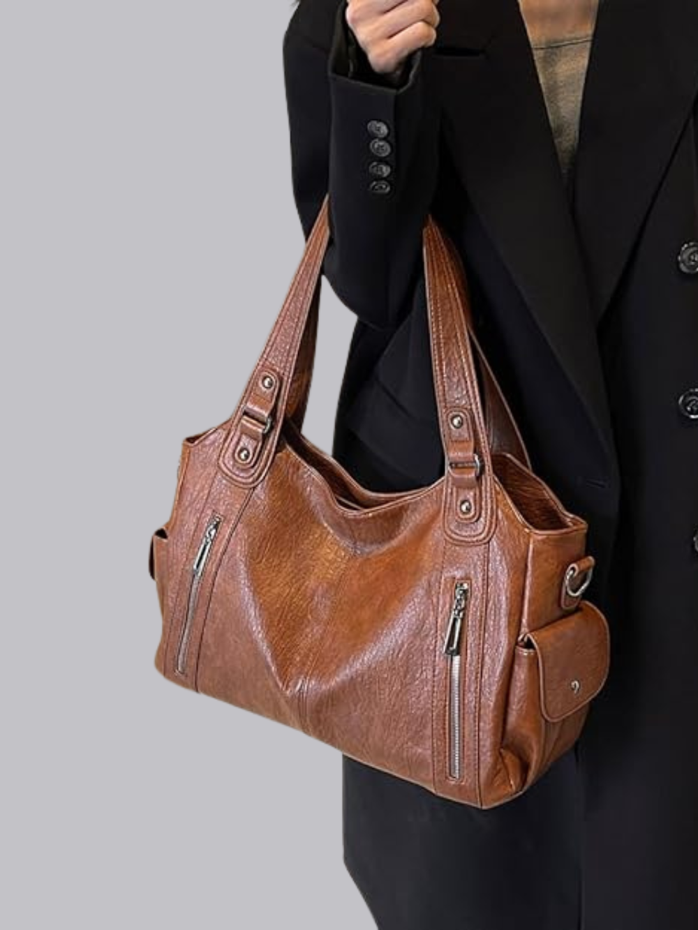 Damen Schultertasche | Große Umhängetasche aus veganem Kunstleder mit Reißverschluss und Laptopfach