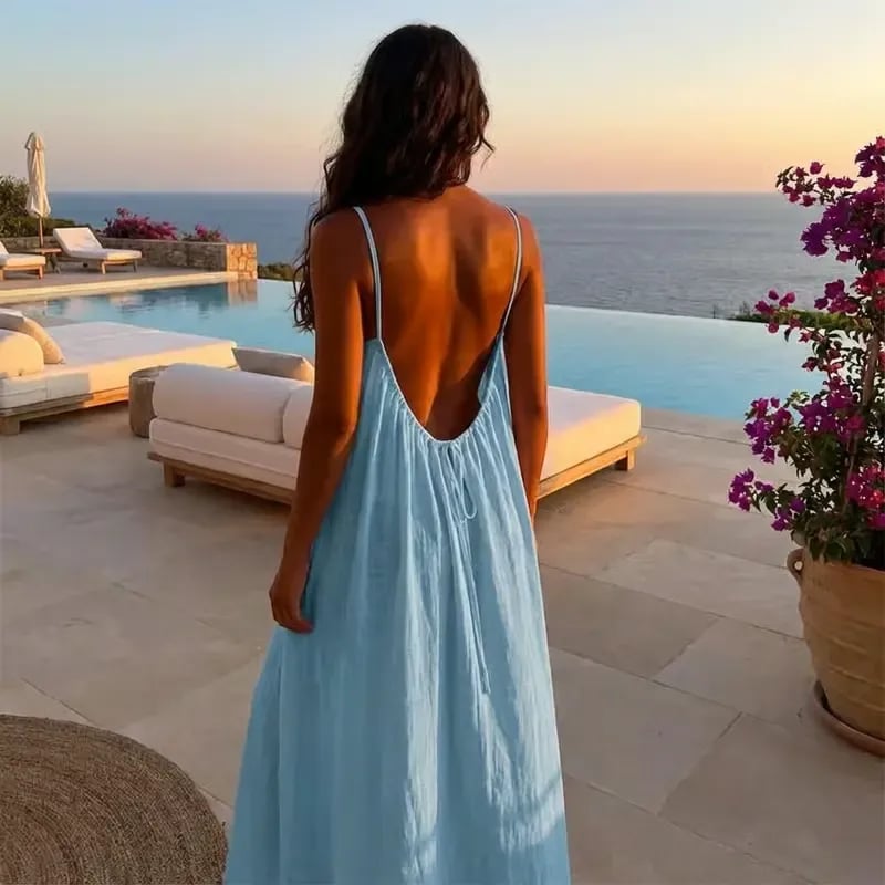 Abito cami donna senza schienale in misto cotone | Spalline sottili e vestibilità ampia | Abito estivo per vacanze e appuntamenti