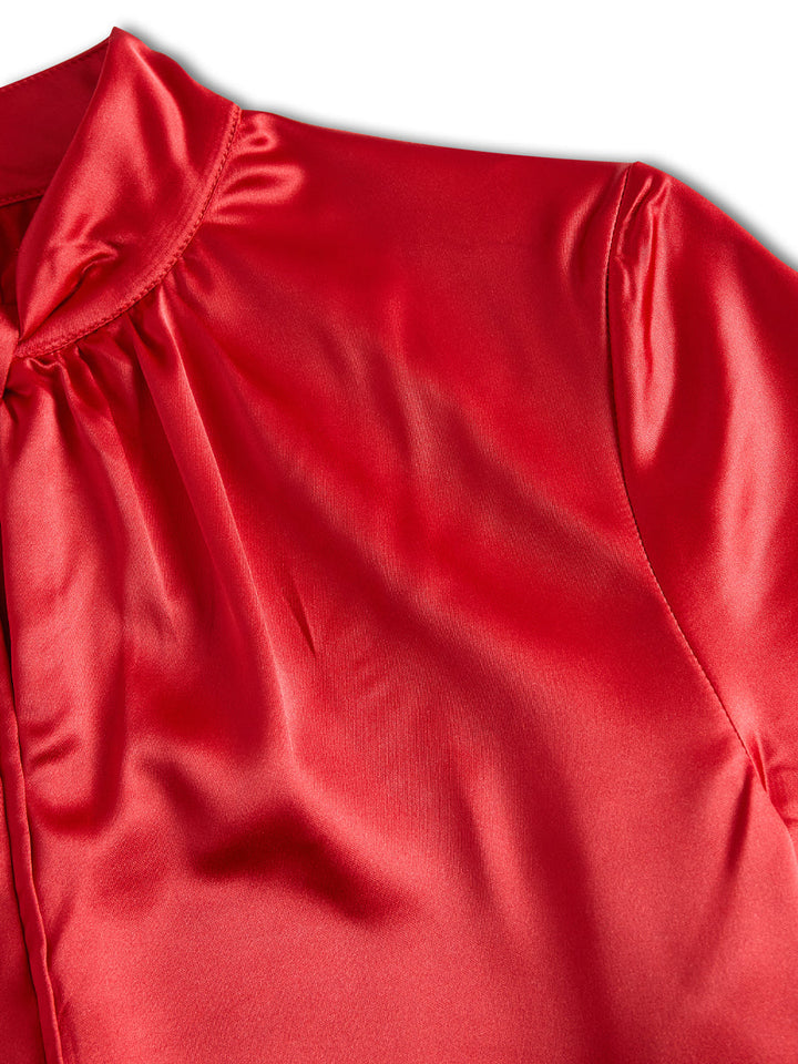 Damen Satinbluse | Elegante Kurzarmbluse mit Schlüssellochausschnitt, hochgeschlossenem Kragen und Knotenakzent für Büro und Abendlooks