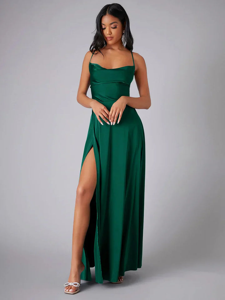 Maxi-Abendkleid Damen mit Drapé-Ausschnitt &amp; Spaghettiträgern | Offener Rücken mit Schnürung | Hoher Beinschlitz, S–XXL