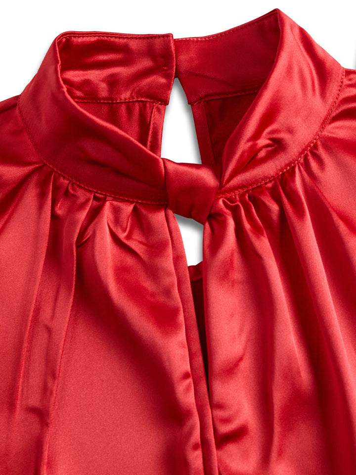 Damen Satinbluse | Elegante Kurzarmbluse mit Schlüssellochausschnitt, hochgeschlossenem Kragen und Knotenakzent für Büro und Abendlooks