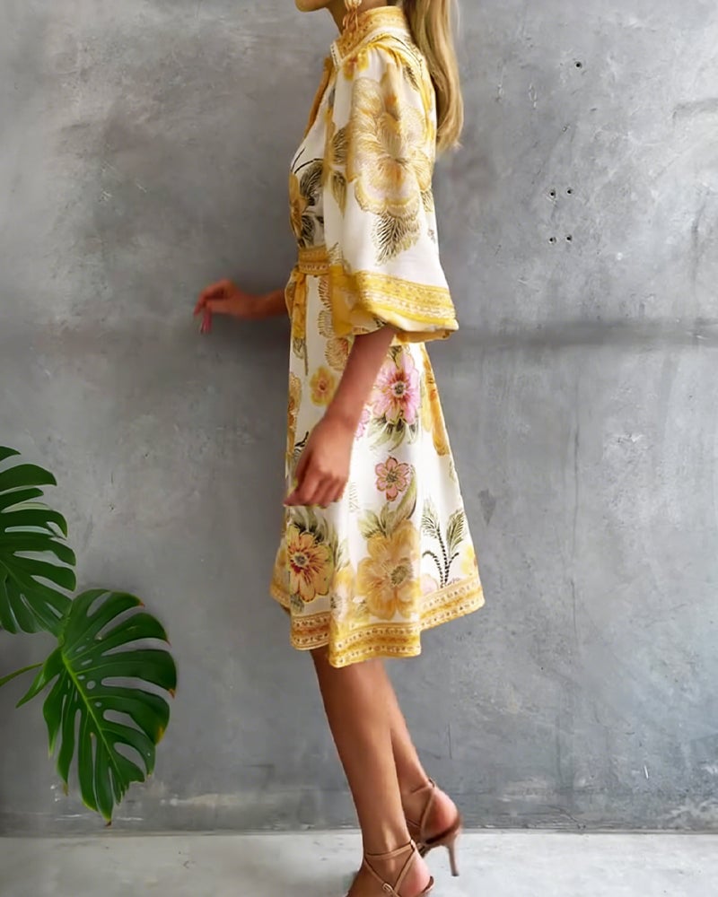 Damen A-Linien-Kleid mit Print | Knielanges Kleid mit Reverskragen und Laternenärmeln