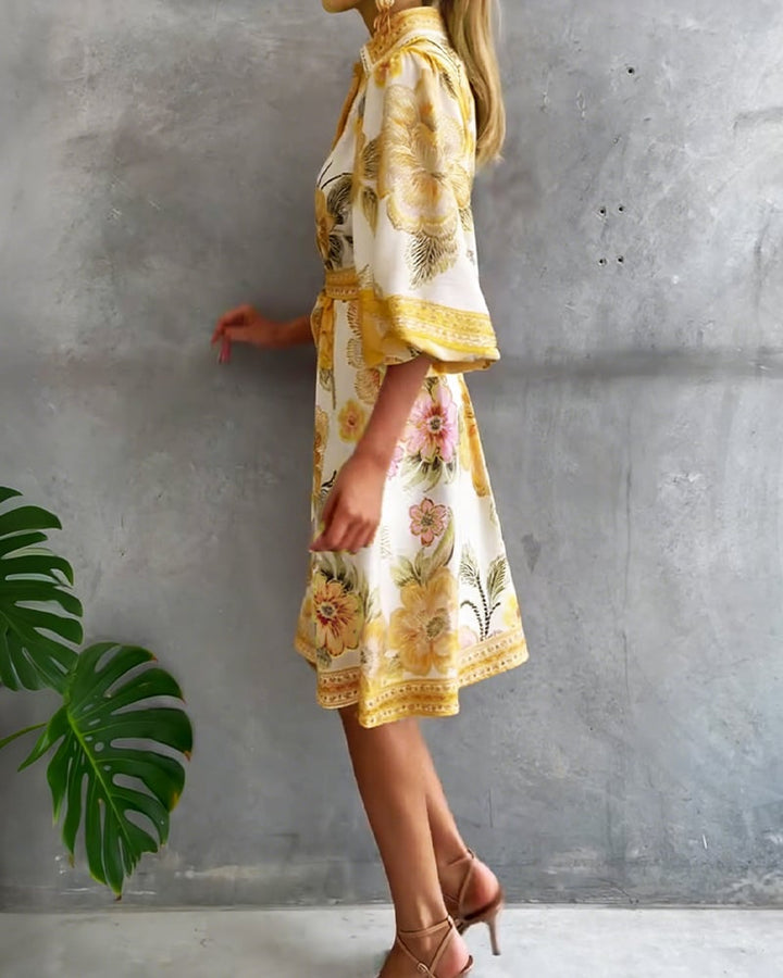 Damen A-Linien-Kleid mit Print | Knielanges Kleid mit Reverskragen und Laternenärmeln