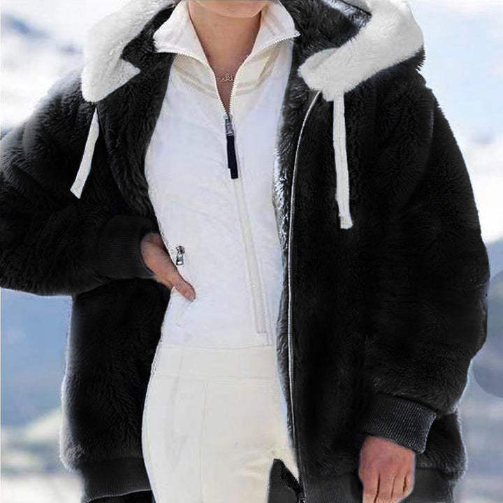 Damen Fleecejacke mit Kapuze | Warme Jacke mit doppelseitigem Teddyfutter, Oversize-Passform und Reißverschluss