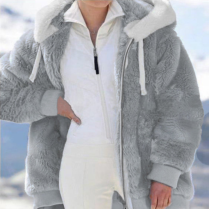 Damen Fleecejacke mit Kapuze | Warme Jacke mit doppelseitigem Teddyfutter, Oversize-Passform und Reißverschluss