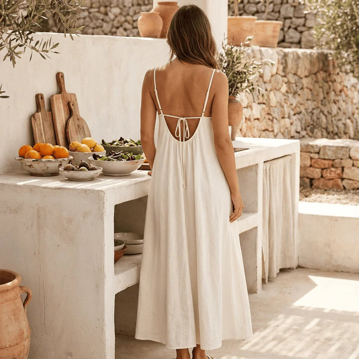 Abito cami donna senza schienale in misto cotone | Spalline sottili e vestibilità ampia | Abito estivo per vacanze e appuntamenti