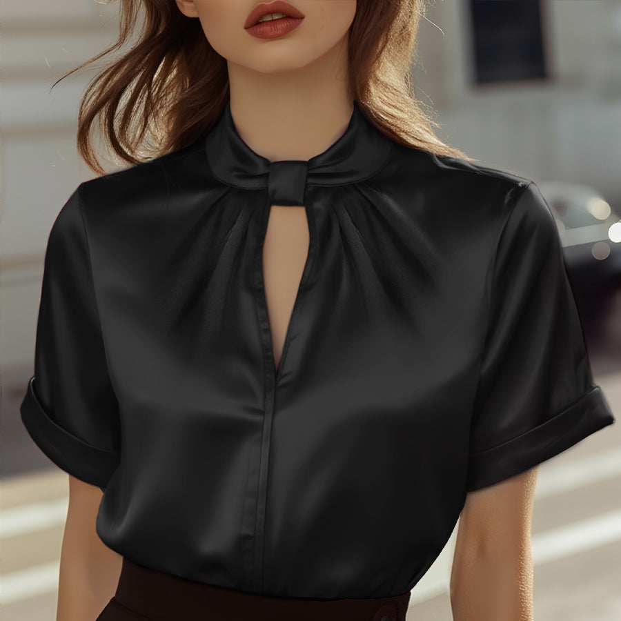 Damen Satinbluse | Elegante Kurzarmbluse mit Schlüssellochausschnitt, hochgeschlossenem Kragen und Knotenakzent für Büro und Abendlooks