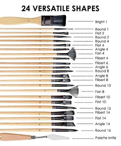 Set di pennelli 24 pezzi | Pennelli professionali per artisti con manico in legno | Acrilico, acquerello, olio e gouache