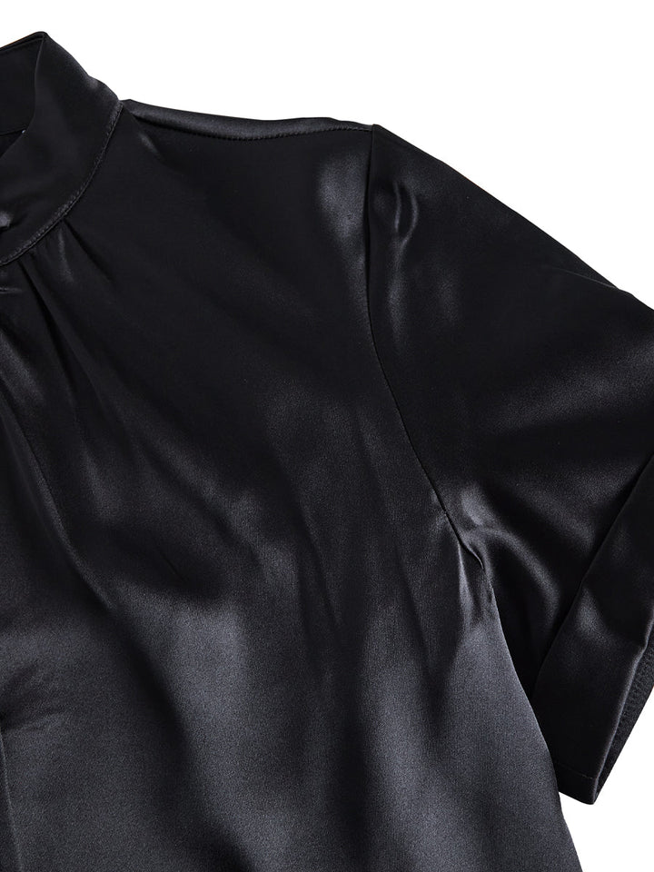 Damen Satinbluse | Elegante Kurzarmbluse mit Schlüssellochausschnitt, hochgeschlossenem Kragen und Knotenakzent für Büro und Abendlooks