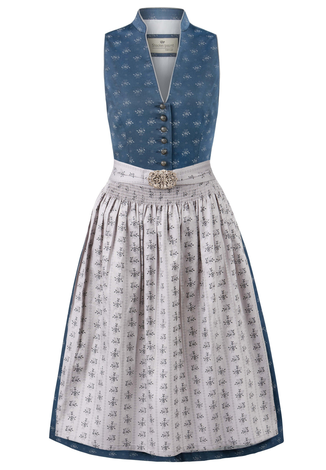 Dirndl Midi Damen | Trachtenkleid mit V-Ausschnitt, Schürze und 65 cm Rocklänge für Oktoberfest und Volksfest