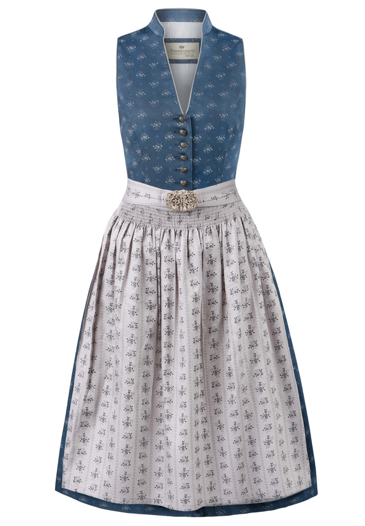 Dirndl Midi Damen | Trachtenkleid mit V-Ausschnitt, Schürze und 65 cm Rocklänge für Oktoberfest und Volksfest