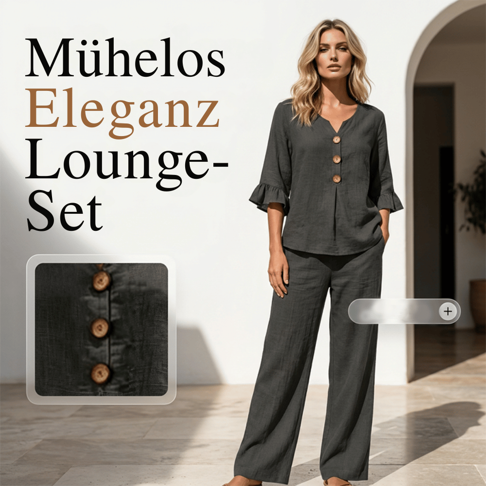 Damen Loungeset aus Baumwollmischung | Zweiteiliges Set mit Rüschenärmeln &amp; weiter Hose | Bequemes Freizeit-Outfit