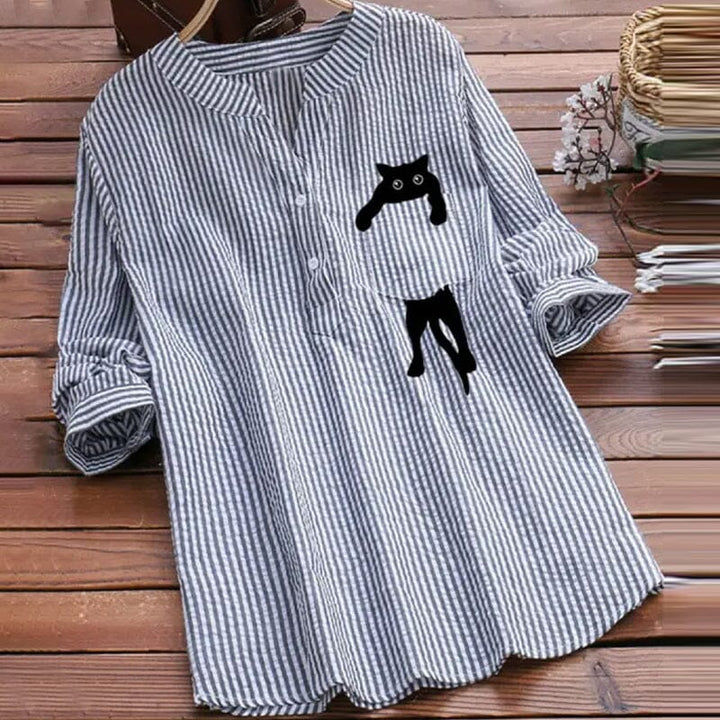 Damenbluse | Baumwollbluse mit V-Ausschnitt und Katzenprint