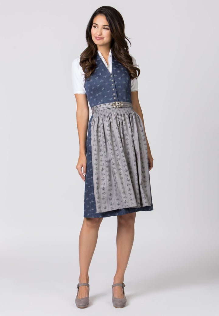 Dirndl Midi Damen | Trachtenkleid mit V-Ausschnitt, Schürze und 65 cm Rocklänge für Oktoberfest und Volksfest