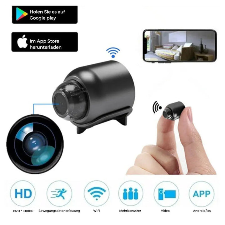 Mini WLAN sisäkamera 1080p yökuvauksella | Liikkeentunnistus ja push-ilmoitukset | Sovelluksen livekuva äänen kanssa | microSD 64 GB mukana