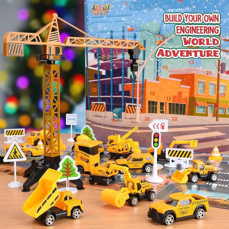 Baustellen Adventskalender für Kinder mit Baufahrzeugen | Weihnachtskalender mit Kran, Verkehrsschildern und Spielbrett aus Kunststoff