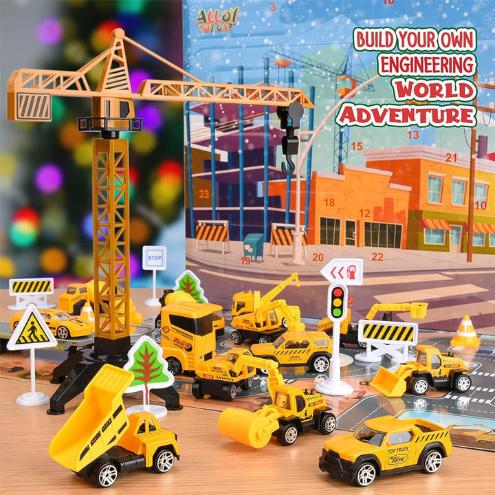 Baustellen Adventskalender für Kinder mit Baufahrzeugen | Weihnachtskalender mit Kran, Verkehrsschildern und Spielbrett aus Kunststoff