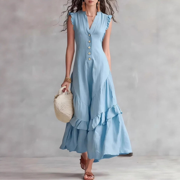 Damen Maxikleid mit Plissee | Ärmelloses Sommerkleid mit ausgestelltem Saum
