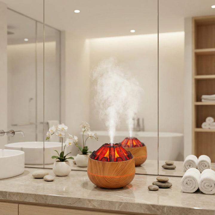 Aroma-Diffusor mit Flammeneffekt | 130-ml-Wassertank, USB-Betrieb, feiner Duftnebel und kompakte Holzoptik
