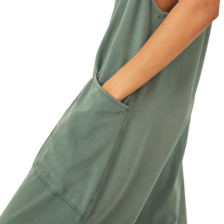 Damen Jumpsuit ärmellos aus Baumwollmix | U-Ausschnitt &amp; rückenfrei | Weites Bein, Taschen, Pull-On | Bequem &amp; luftig