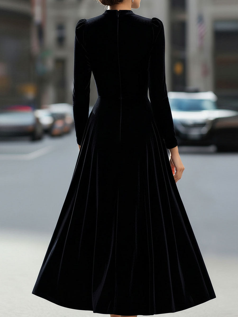 Damen Midikleid | Elegantes Langarmkleid mit tailliertem Oberteil, fließendem Rock und Schulterdetails für festliche Anlässe