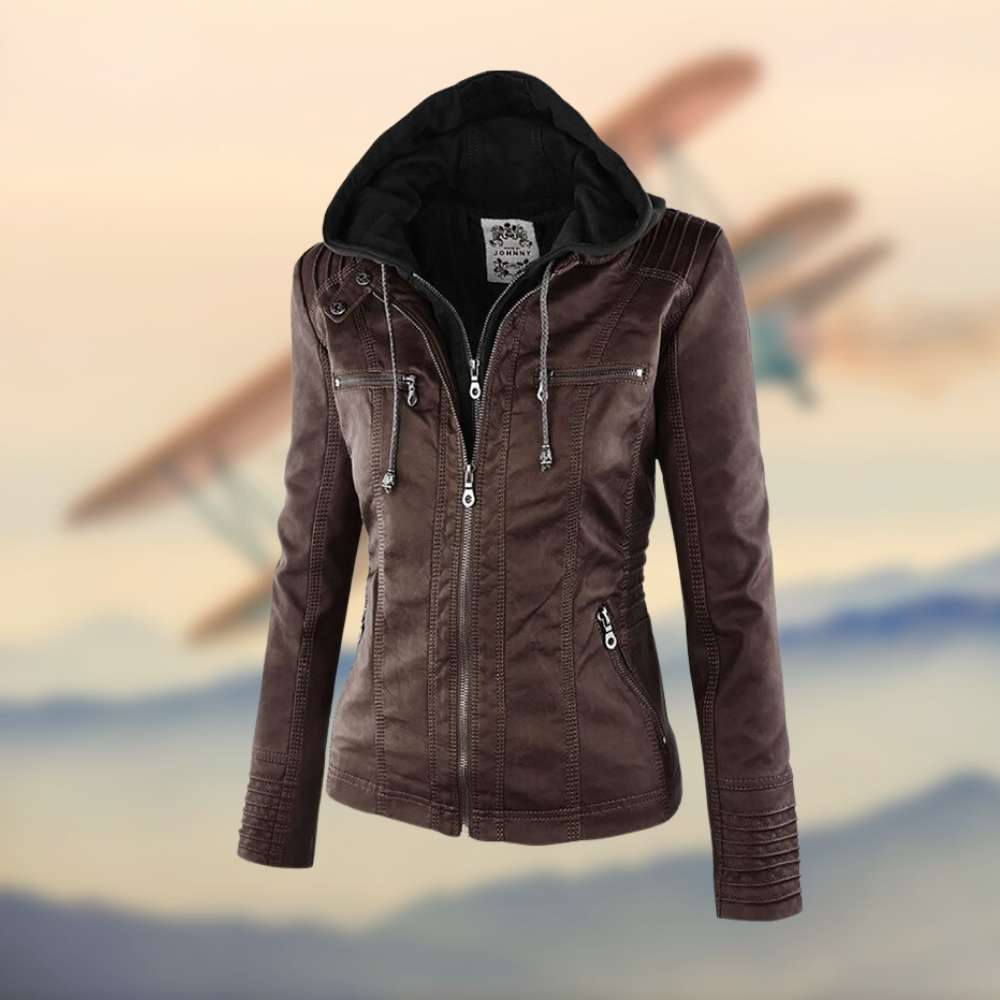 Fritz Damen Lederjacke mit Kapuze | Warm &amp; Elegant | Wasserabweisend &amp; Winddicht | Stylischer Winterbegleiter