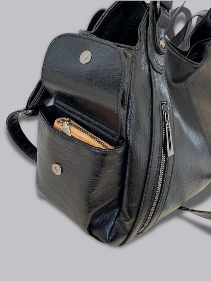 Damen Schultertasche | Große Umhängetasche aus veganem Kunstleder mit Reißverschluss und Laptopfach