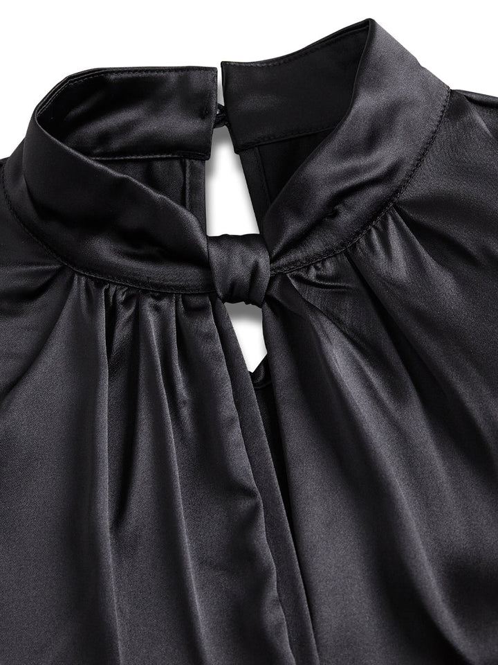 Damen Satinbluse | Elegante Kurzarmbluse mit Schlüssellochausschnitt, hochgeschlossenem Kragen und Knotenakzent für Büro und Abendlooks