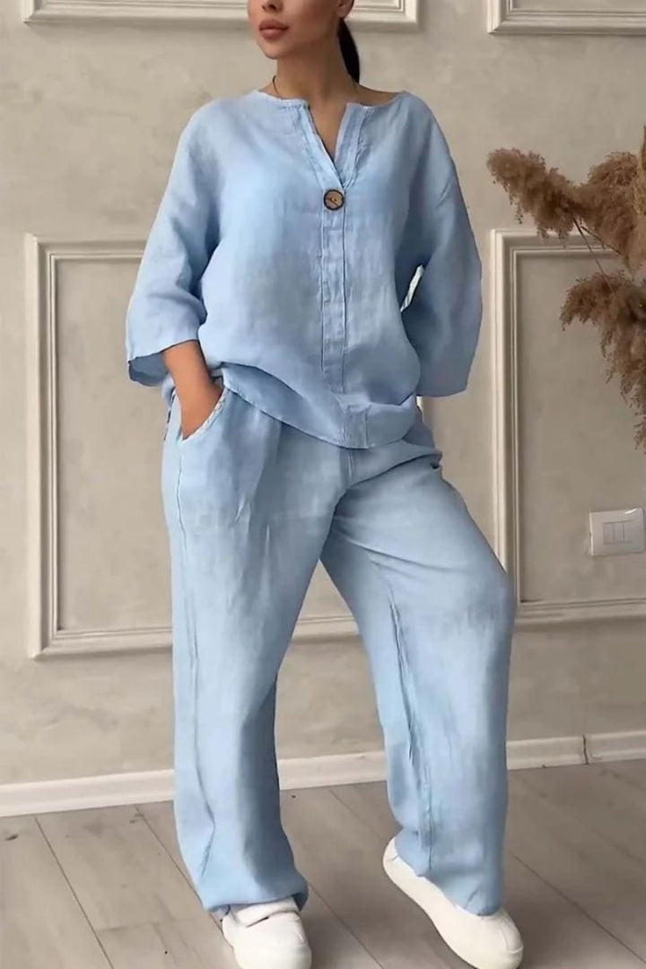 Women’s 2-Piece Set Made of Cotton &amp; Linen | V-Neck with Button Placket | Loose Fit, Long Sleeve for Everyday &amp; Leisure
