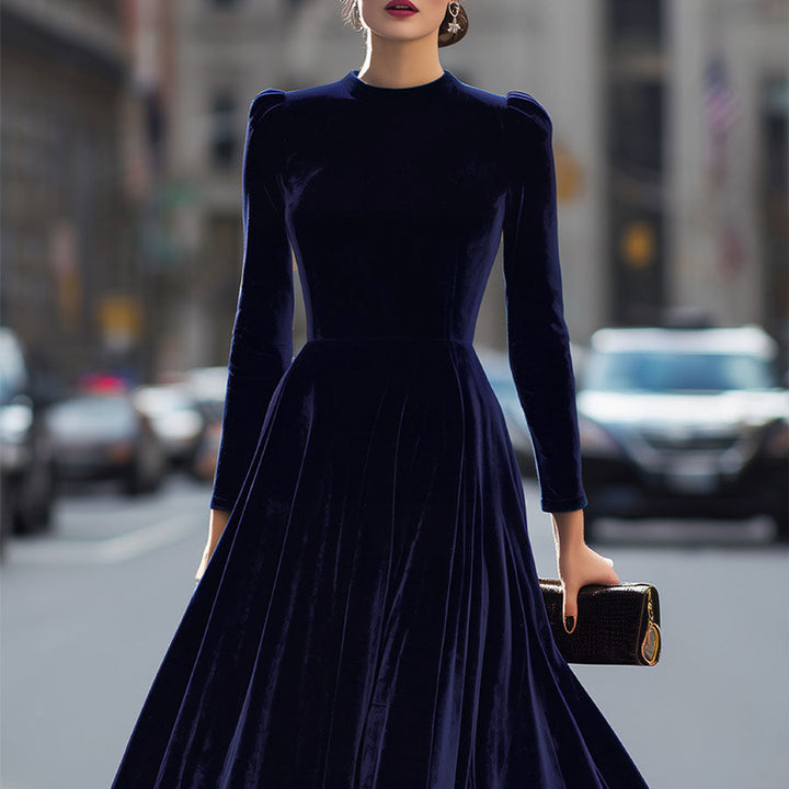 Damen Midikleid | Elegantes Langarmkleid mit tailliertem Oberteil, fließendem Rock und Schulterdetails für festliche Anlässe