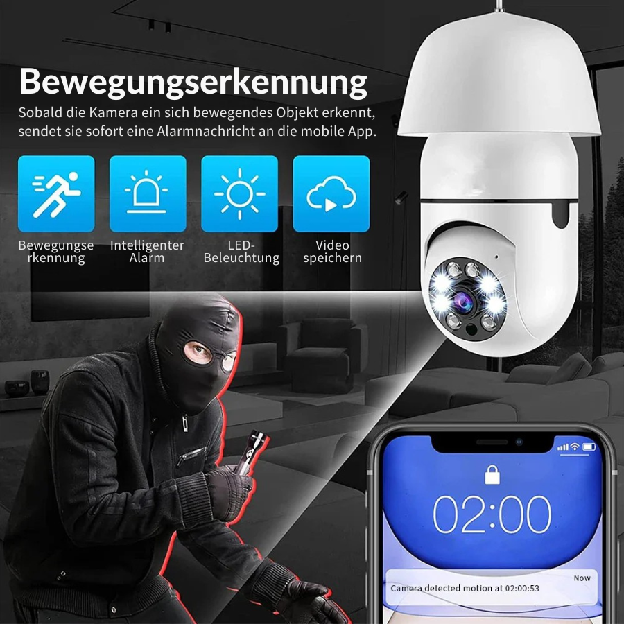 Telecamera di sicurezza panoramica E27 360° | 1080P HD + modalità notturna | Audio bidirezionale e allarme movimento | Telecamera interna Wi-Fi