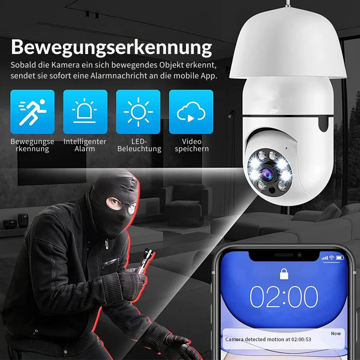 Telecamera di sicurezza panoramica E27 360° | 1080P HD + modalità notturna | Audio bidirezionale e allarme movimento | Telecamera interna Wi-Fi