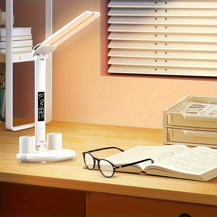 LED Schreibtischlampe dimmbar mit 2 verstellbaren Köpfen | Tischleuchte mit Touch-Bedienung, Digitalanzeige und USB-Anschluss